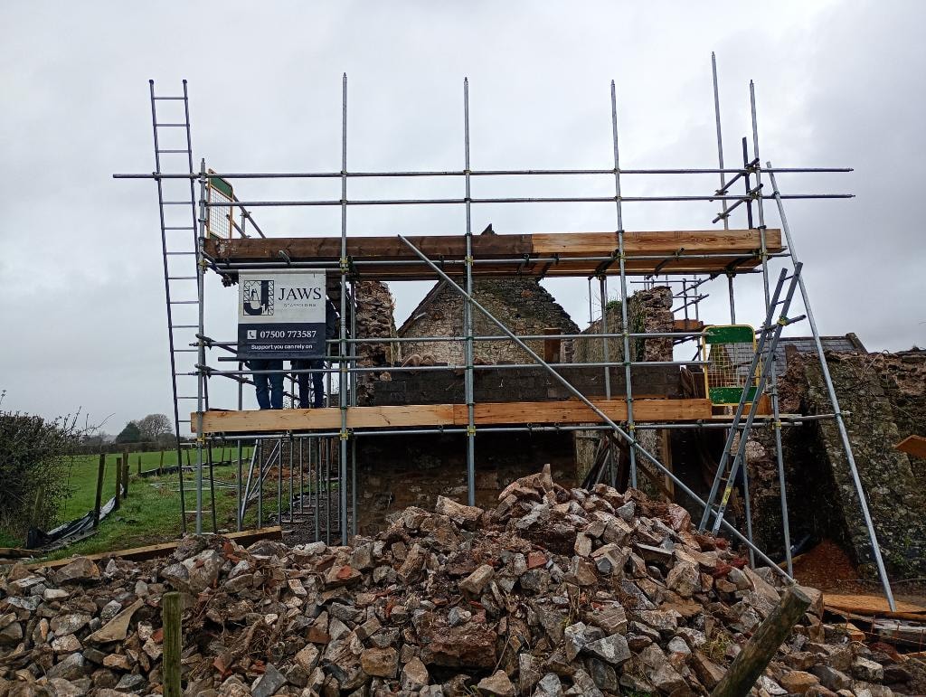 Historic stone ruin scaffolding